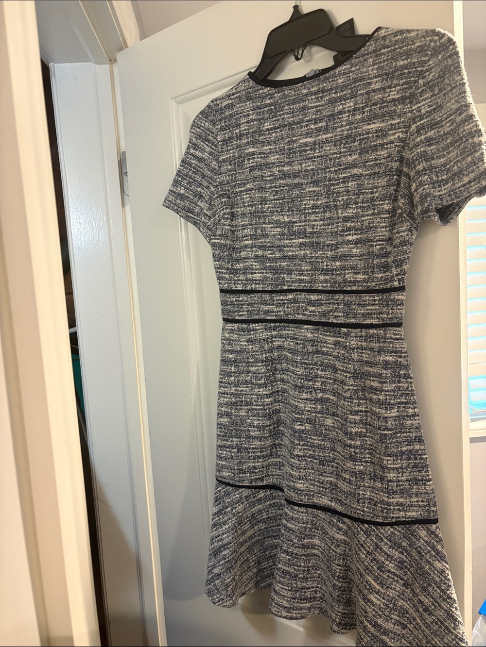 Aqua Blue and White Textured Short Sleeve Fit-and-Flare Dress